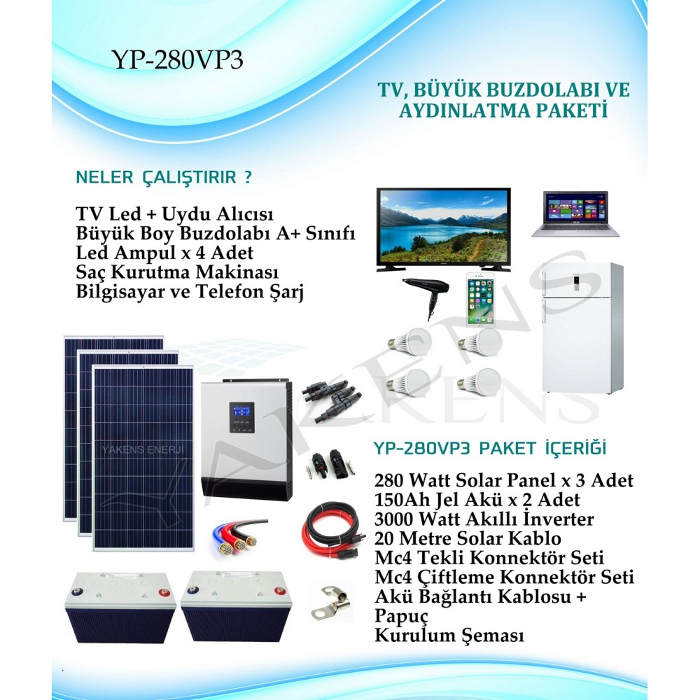 Büyük Boy Buzdolabı + Tv + Aydınlatma Hazır Solar Paket YP-280VP3